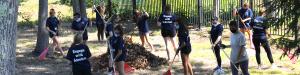 Saint Anselm College students raking leaves during Day of Service