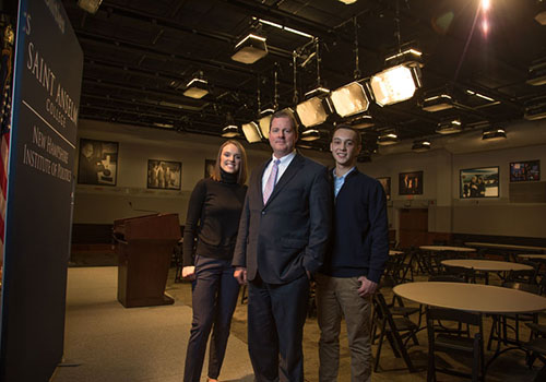 Brandon Pratt ’18, Clare Robbins ’18, and Neil Levesque, Executive Director of New Hampshire Institute of Politics and Chief of Staff, Saint Anselm College
