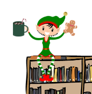 elf sitting on library shelf holding mug of cocoa and gingerbread cookie