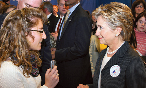 U.S. Sen. Hillary Clinton speaks with NHPR reporter