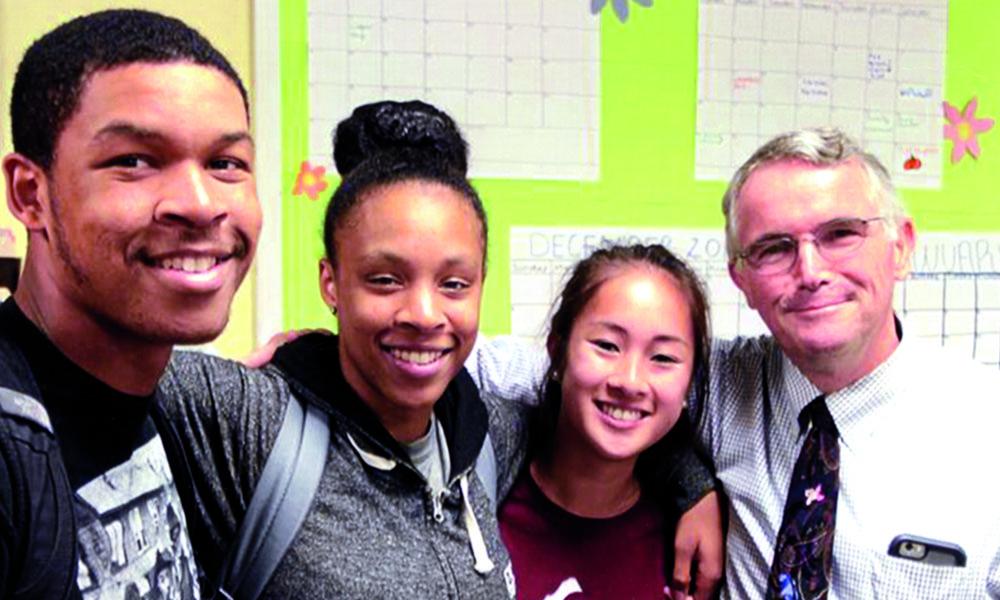 It’s hard not to form lasting friendships while working at the Meelia Center. From left, Tyler Lindsay ’16, Raquel Johnson ’16, Nancy Nguyen ’16, and Forbes.