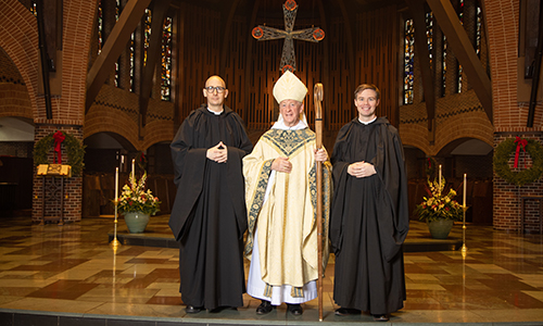 From left: Brother Dunstan Enzor, O.S.B.,  Abbot Mark Cooper, O.S.B. ’71, and  Brother Titus Michael Phelan, O.S.B. ’12 