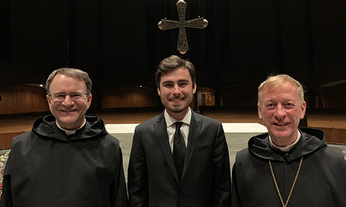 From left: Brother Isaac Murphy, O.S.B., Jacob  Halterman ’21, Abbot Mark Cooper, O.S.B. ’71  Photo by Father Francis McCarty, O.S.B. ’10