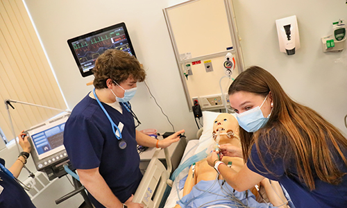 Student nurses practicing on a simulation dummy