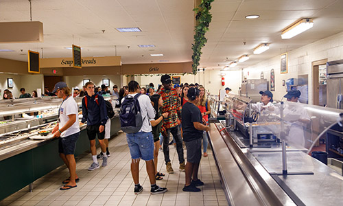 students waiting for food in the dining hall