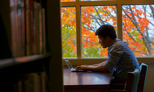 student on his laptop near a window