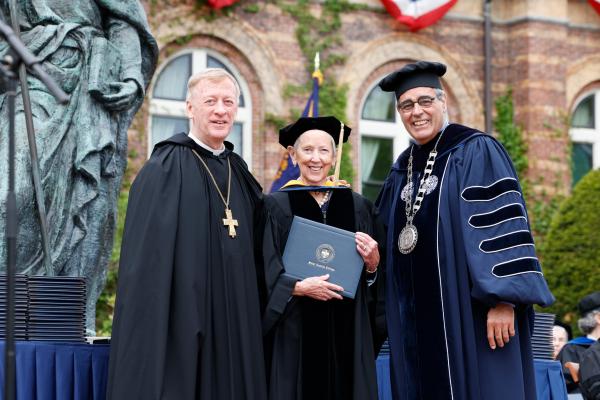 Honorary Degree recipient Sr. Jane Gerety with President Favazza and Abbot Mark Cooper