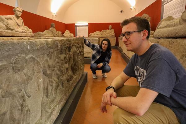 Olivia McGuire ’25 and Sean Kelleher ’24 check out artifacts inside the National Archaeological Museum.