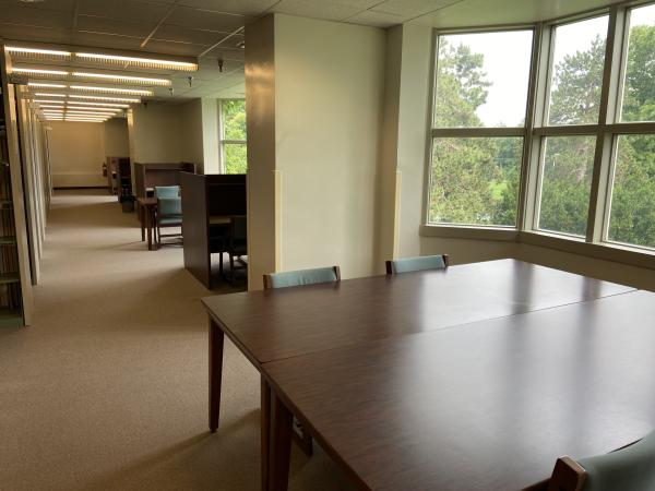 Large table and study carrels by windows on upper level