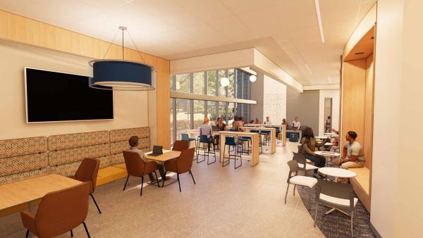 Grappone Hall level 1 student commons with lobby view