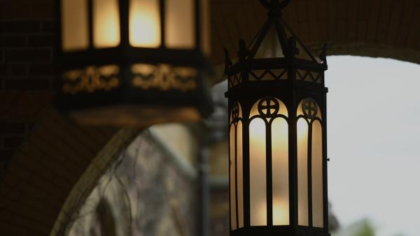 lanterns hanging above the alumni hall porch