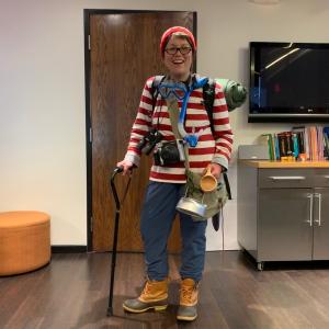 Kathy Beck dressed up as Waldo from the Where's Waldo vooks.
