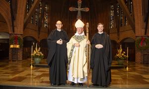 Brother Dunstan Enzor, O.S.B., Abbot Mark Cooper, O.S.B. ’71, and Brother Titus Michael Phelan, O.S.B. ’12