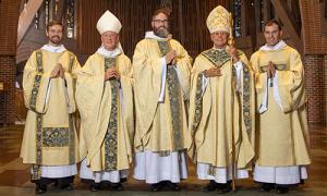 From left: Fr. Titus Michael Phelan, O.S.B. ’12, Abbot Mark Cooper, O.S.B. ’71, Fr. Francis Ryan McCarty, O.S.B. ’10, Bishop Peter A. Libasci, Fr. Basil Louis Franciose, O.S.B. ’17.