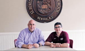 FRom left: Saint Anselm College Trustee Ivan Lamourt, Psy.D. '86, senior associate headmaster and counselor at St. Benedict's Preparatory School in Newark, N.J., and David Rodriguez '00, chair of the foreign language department navigated changes in this past year no one could have foreseen. Photo by Krithik Rajasegar,