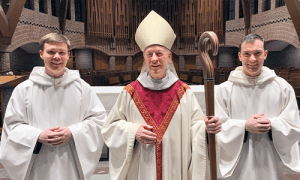 From left: Brother Titus, Abbot Mark Cooper, and Brother Basil Photo by Father Francis McCarty, O.S.B. ’10