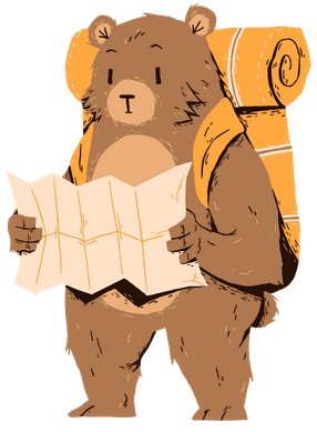 bear wearing a backpack and holding a map