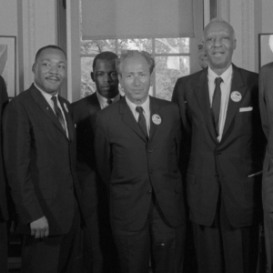 Photo of Whitney Young, Rev. Martin Luther King Jr., John Lewis, Rabbi Joachim Prinz, A. Philip Randolph, President John F. Kennedy
