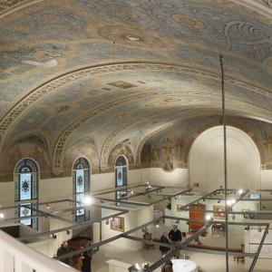 Image of the ceiling of the Chapel Art Center, overlooking the gallery