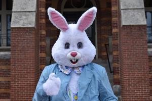 easter bunny in front of alumni hall