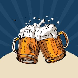 Two mugs of beer mid cheers
