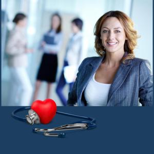 Women sitting in front of a stethoscope attached to a heart