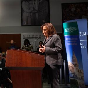Kamala Harris speaking in the NHIOP auditorium