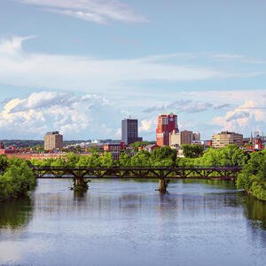View of buildings and skyline of Manchester, New Hampshire.
