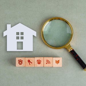 A conceptual search photo for real estate showing a wooden blocks, a paper home icon, and a magnifying glass