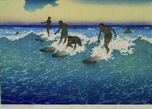 Color woodcut print of five surfers riding waves in Honolulu, Hawaii, by Charles W. Bartlett, 1920