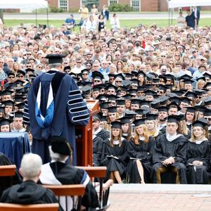 President Favazza addresses the Class of 2022 on the steps of Alumni Hall