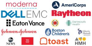 Graphic showing corporate and business logos of organizations that employ Saint Anselm Graduates: Moderna, AmeriCorps, DellEMC, Raytheon, Eaton Vance, City Year, Dartmouth Health, Johnson & Johnson, Boston Children's, Liberty Mutual Insurance, ABC News, The Met, Toast, HMH