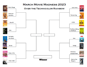March Movie Madness bracket, with movie poster covers in the colors of the rainbow