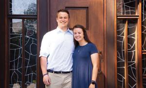 Christina Behen ’20 and James Judge ’20 in front of the Abbey Church