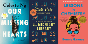 book covers of Our Missing Hearts, The Midnight Library, and Lessons in Chemistry