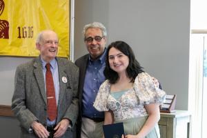 Jillian Dorazio ’24 was named the John S. Whipple Scholar for 18th Century Studies. John Whipple, left, a former postulant at Saint Anselm Abbey established the scholarship to honor his father. Joseph A. Favazza, Ph.D., college president, presented her with the award on April 24.