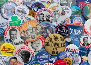 Campaign buttons from various politicians
