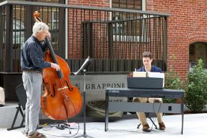 Blue Bird Jazz performance featuring Economics and Business Professor Stephan Unger on piano, and Philosophy Professor Montague Brown on upright bass.