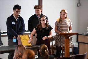 Student presenting a project in a classroom