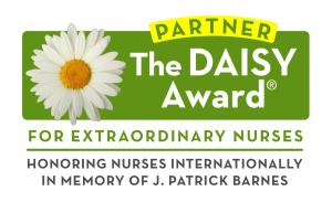 The DAISY Award Partner Logo. Shows an image of a daisy on the left over a green background. Reads "Partner: The DAISY Award for extraordinary nurses. Honoring nurses internationally in memory of J. Patrick Barnes."