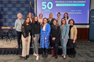 Saint Anselm College Politics alumnae take a group photo with panelists Courtney Tanner ’11 and Donna Soucy ’89.