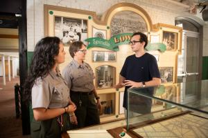 Diego Benites speaking with employees of the Lowell National Historical Park