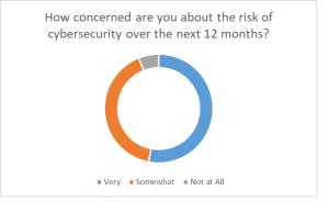 A circle chart titled "How concerned are you about the risk of cybersecurity over the next 12 months?" Responses are indicated by color in decreasing order of percentage of the chart: Very (indicated by blue and taking up over 50% of the chart); Somewhat (indicated by orange and taking up less than 50% of the chart), and Not at all (indicated by grey and taking up the remaining small portion of the chart).