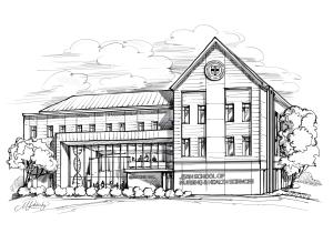 Black and white sketch of a building with "Grappone Hall" and "Jean School of Nursing and Health Sciences" written on it.