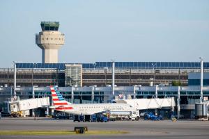 A view of an airport terminal taken from the tarmac