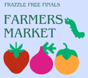 Lilac background with green text that reads Geisel Library Presents Farmers Market, Frazzle free Finals May 7 - 13, 2025