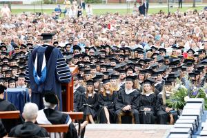 President Favazza addresses the Class of 2022 on the steps of Alumni Hall