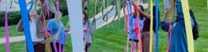 Students decorating part of the lower quad