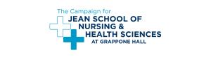 Logo with two crosses (one outlined in light blue and one solid blue) reading "The Campaign for JEAN SCHOOL OF NURSING & HEALTH SCIENCES AT GRAPPONE HALL"