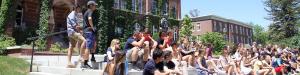 Students in front of iconic Alumni Hall for Transitions Orientation Part I